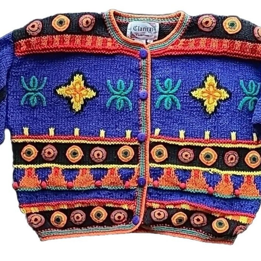 Vintage Clarity Creations Hand Knitted Button Cardigan Sweater Medium